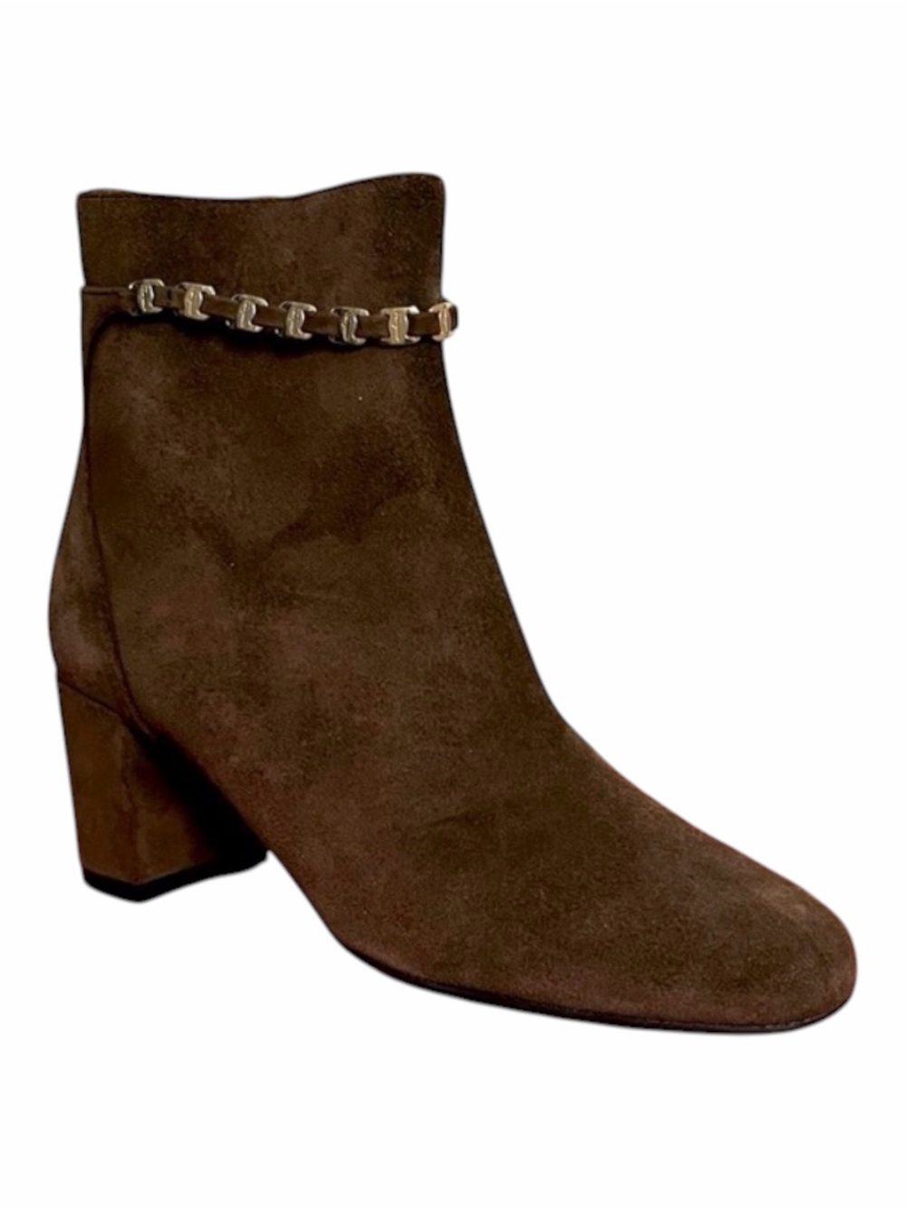 Salvatore Ferragamo Ghila Suede Brown Vara Chain Ankle Booties